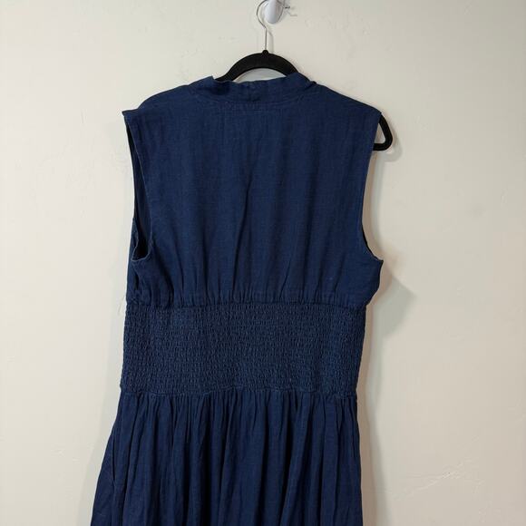 Anthropologie The Tommie Cap-Sleeve Smocked Front-Zip Shirt Dress Midi Denim 1X - Picture 4 of 9